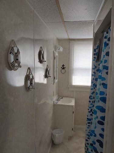 a bathroom with a shower and a sink at Dockside Lake Resort in Monticello