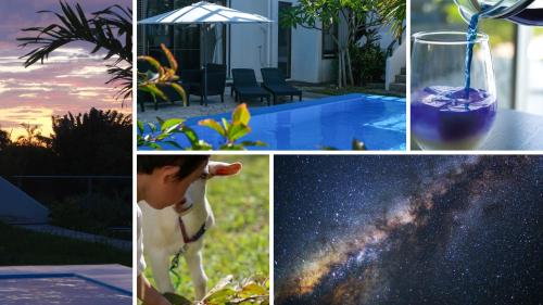 a collage of pictures with a glass of wine and a universe at Blue Ocean Resort in Ishigaki Island