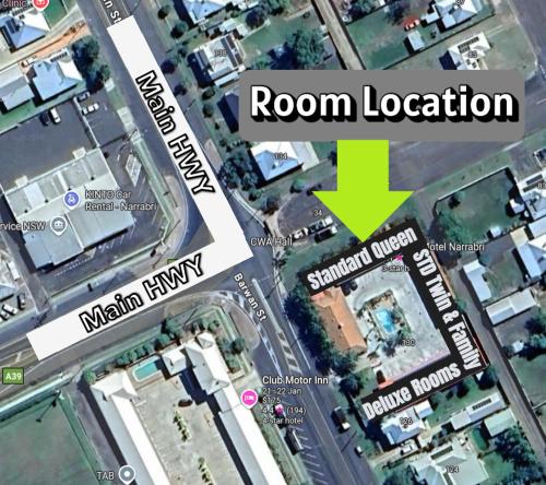 a map of a city with a room location at Bellview Motel in Narrabri
