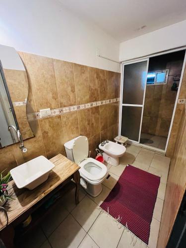 a bathroom with a toilet and a sink and a shower at Casa de luz in Posadas
