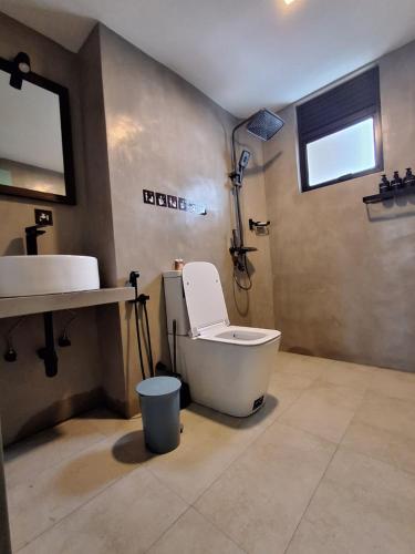 a bathroom with a white toilet and a sink at Testudo Madiha in Matara