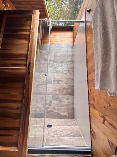 a shower with a glass door in a bathroom at Cabañas AlmA Rural Ibagué in Ibagué