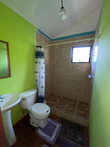 a green bathroom with a toilet and a sink at 4J's Cabins in Santa Familia