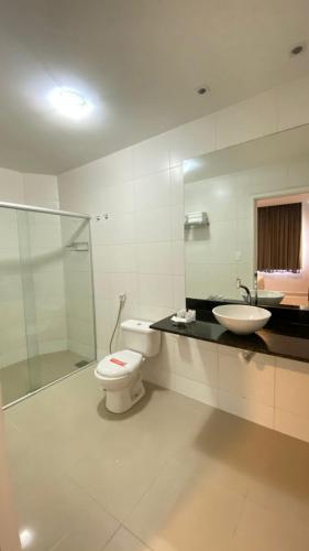 a bathroom with a toilet and a sink and a shower at Hotel Abba Goiana PE in Goiana