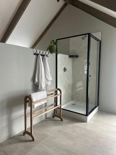 a bathroom with a shower and a bench in a room at Fallen Oak Villa 2 in George