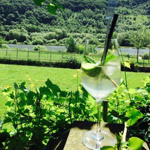 a glass of wine with a lime in it at Boutiquehotel Kloster Pfalzel in Trier