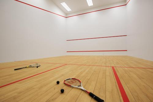a tennis racket and two balls on a court at Hotel Warszawianka in Jachranka