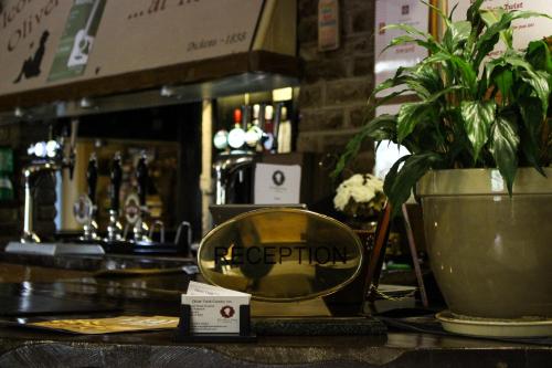 a bar with a mirror and a potted plant on a counter at Oliver Twist Country Inn in Wisbech
