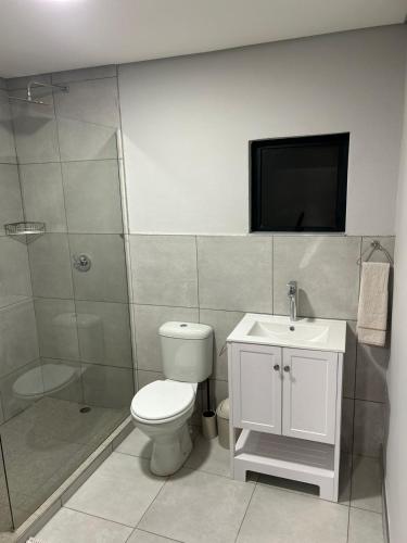 a bathroom with a toilet and a shower and a tv at Kinn Accommodation in Bloemfontein