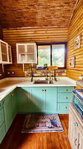 a kitchen with a sink and a wooden wall at Cabaña Colibrí - Parking in Sarchí
