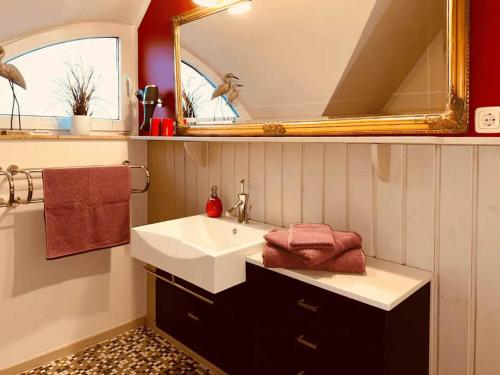 a bathroom with a white sink and a mirror at Ferienhaus Inselliebe in Vieregge