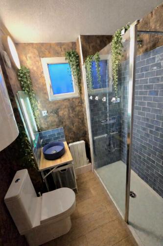 a bathroom with a toilet and a shower at L atelier des jeux in Beauvais