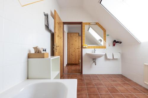 a bathroom with a sink and a toilet in a room at Die Landhofmühle in Windisch Minihof
