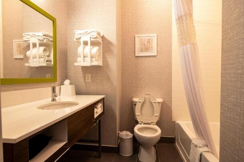 a bathroom with a toilet and a sink and a mirror at Hampton Inn & Suites College Station in College Station