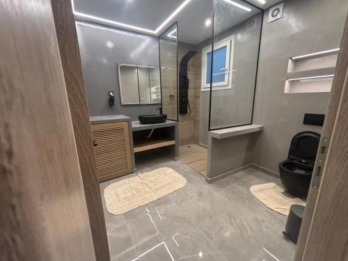 a bathroom with a toilet and a sink and a mirror at Athens Air B&B in Athens