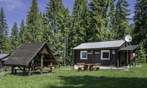 a log cabin with a picnic table in the grass at Chaty Jasná in Demanovska Dolina