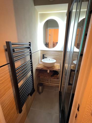 a bathroom with a sink and a mirror at Cosy central Studio with a view, balcony 20m2 4ppl in Vénosc