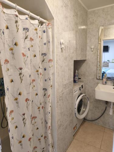 a bathroom with a shower curtain with a washing machine at Apartments Viking - In The OLD TOWN of SPLIT in Split
