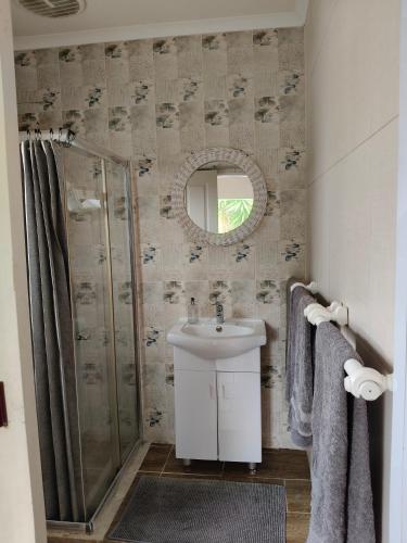 a bathroom with a shower and a sink and a mirror at Cove View B&B in East London