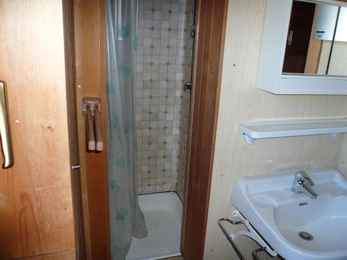 een badkamer met een wastafel en een douche bij Almhütte Egger Obheimat in Außervillgraten