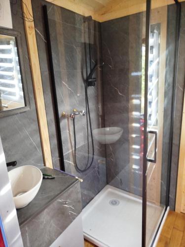 a bathroom with a shower and a sink at Rials in Aleyrac