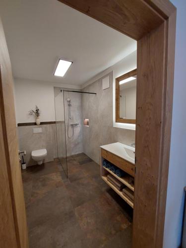 a bathroom with a sink and a shower and a toilet at Apart s'Peintl in Obertilliach