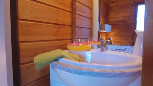 a bathroom with a white sink and a mirror at VVF Cantal Salers Vendes in Bassignac