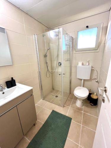 a bathroom with a shower and a toilet and a sink at Cabin 168 in Neot Golan