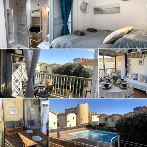 un collage de photos avec une chambre et une piscine dans l'établissement Fleur Australe, à Gruissan
