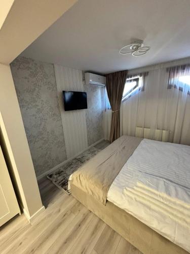 a bedroom with a large bed and a television at Rustic Baia Sprie in Baia-Sprie