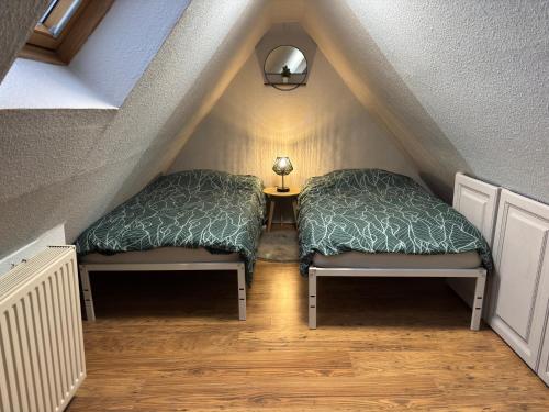two beds in a small room with a roof at Le Nid Alsacien - Centre Ville - Proche Parking Gratuit - Europa-park in Erstein