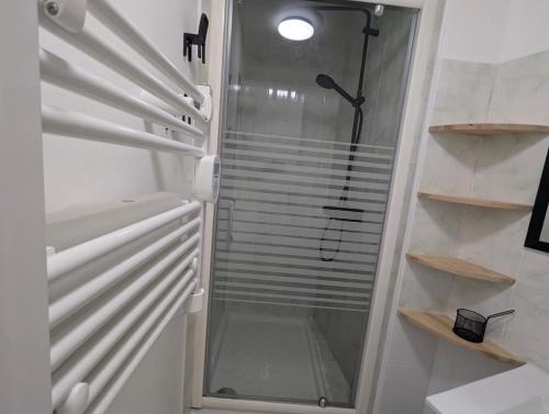 a shower with a glass door in a bathroom at Logement charmant à la montagne in Eaux-Bonnes