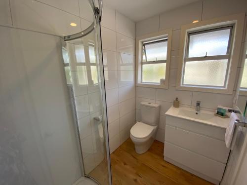 a bathroom with a toilet and a sink and a shower at Paraparaumu Motel in Paraparaumu