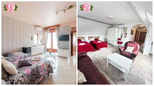two pictures of a living room and a bedroom at Le Rose Suites & Park Hotel in Budapest