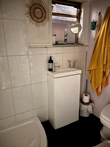 a white bathroom with a sink and a toilet at Narrow Boat moored in London in London