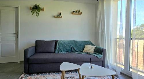 a living room with a couch and a window at Le Freneusien, Wi-Fi parking in Freneuse
