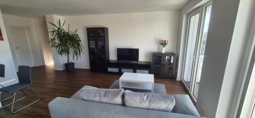 a living room with a couch and a tv at Neckartalblick in Nürtingen
