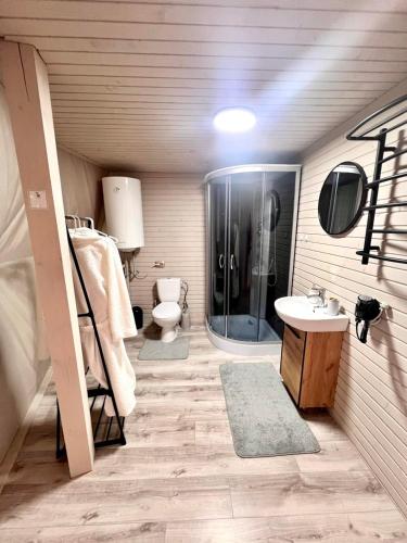 a bathroom with a shower and a sink and a toilet at Forest glamp in Yasinya