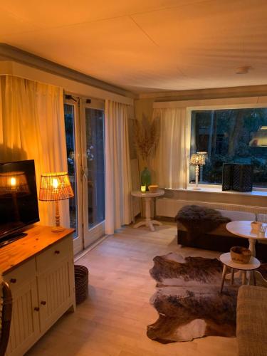 a living room with a couch and a tv and a room with a couch at 'Back to Nature' Chalet Bospark Ijsselheide Hattemerbroek Veluwe in Hattemerbroek