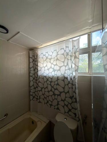 a bathroom with a tub and a toilet and a window at MyPlace Sri Cemerlang Kota Bharu in Kota Bharu