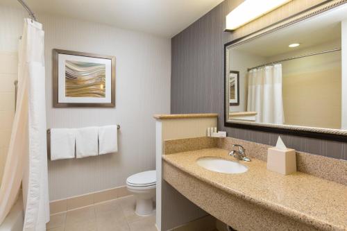 a bathroom with a sink and a toilet and a mirror at Courtyard by Marriott Ontario Rancho Cucamonga in Rancho Cucamonga