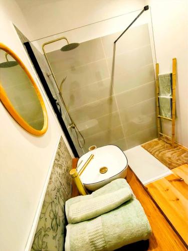 a small bathroom with a toilet and a mirror at Grand gîte champêtre ! LA SOURCE DE NOS RACINES - CORPS DE FERME AU COEUR DU PARC NATUREL DE L'AVESNOIS in Beaufort