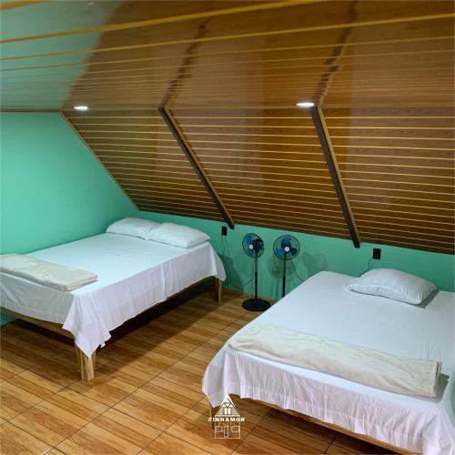 two beds in a room with green walls and wooden ceilings at Cinnamon Lodge in Upala