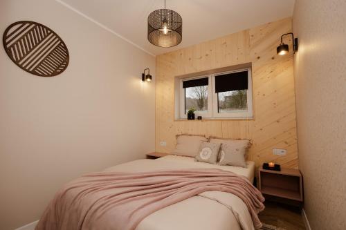 a bedroom with a bed and two windows at Bukowe Wzgórza in Trzebniów