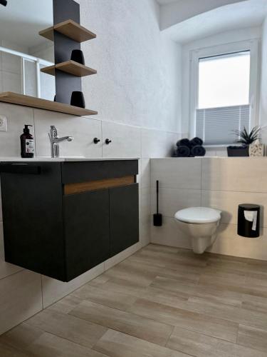 a bathroom with a sink and a toilet at Wohnzeit by Zirwick Apartment in Windischeschenbach