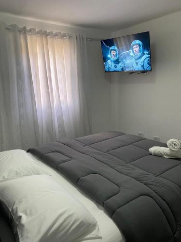 a bed in a bedroom with a flat screen tv at Casa no Roteiro do Vinho - Casa 02 in São Roque