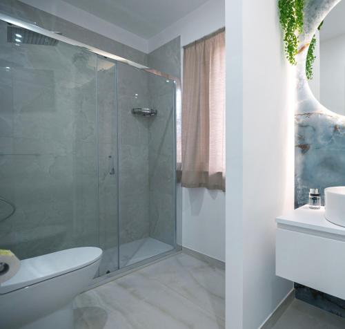a bathroom with a shower and a toilet and a sink at D'AlottoSuite&Rooms in Leonforte