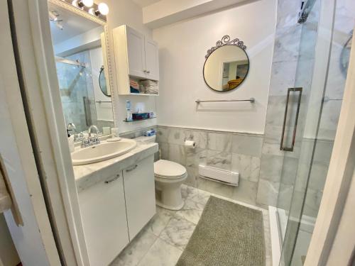 a bathroom with a sink and a toilet and a mirror at Montreal Hideaway in a Residential area in Montreal