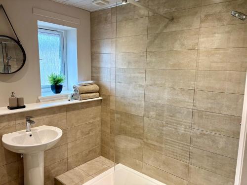 a bathroom with a sink and a shower stall at Kincraig Apartment in Ayr
