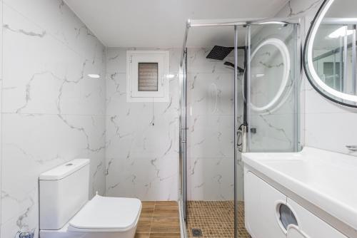 a bathroom with a shower and a toilet and a sink at Siar The Small Villa by PikHost in Borsh